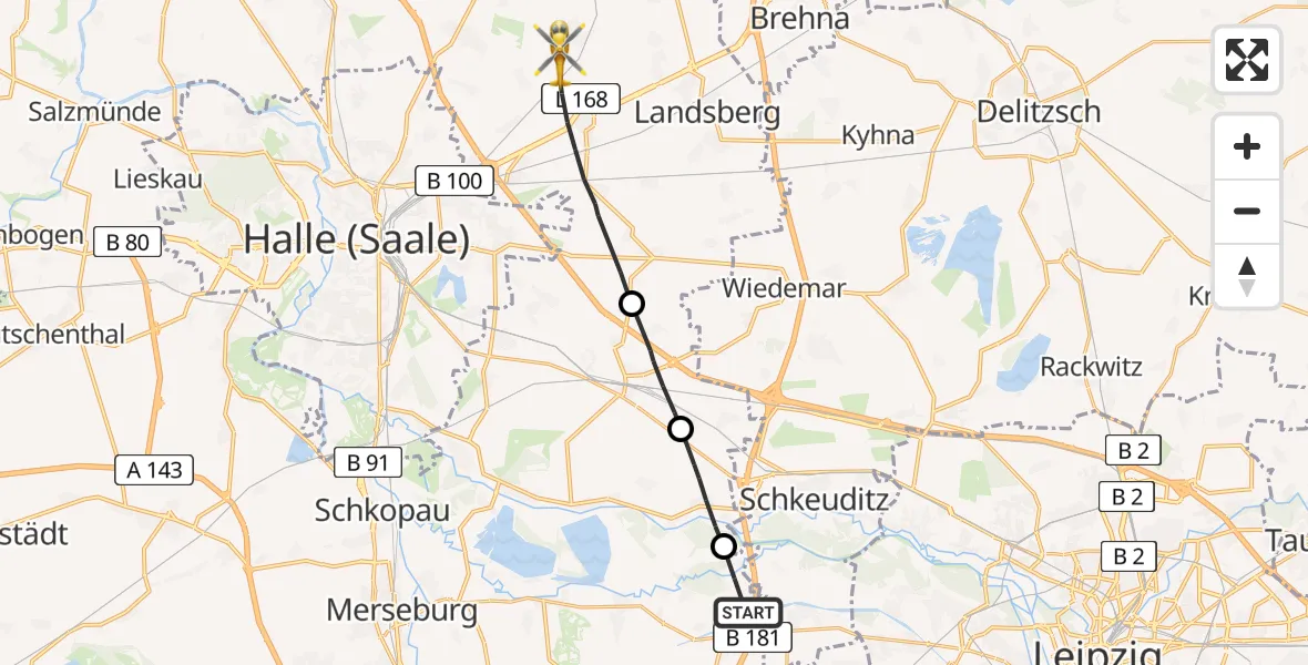 Flugroute Rettungshubschrauber Leuna - Landsberg, 18 August 2026, 12:59