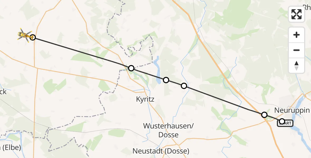 Flugroute Rettungshubschrauber Rupin Hospital - Plattenburg, 18 August 2026, 13:03