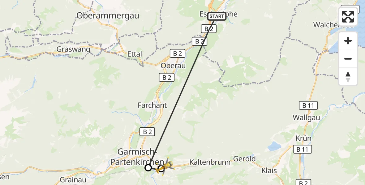 Flugroute Rettungshubschrauber Eschenlohe - Garmisch-Partenkirchen Clinic Hubschrauberlandeplatz, 18 August 2026, 13:05