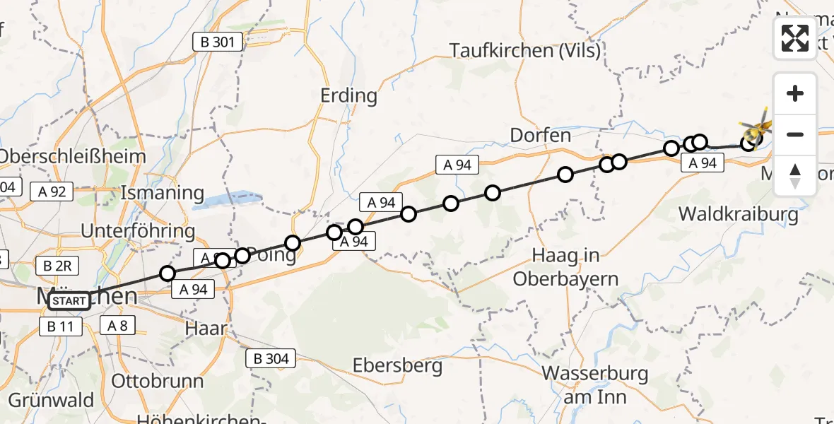Flugroute Rettungshubschrauber München - Zangberg, 18 August 2026, 13:09