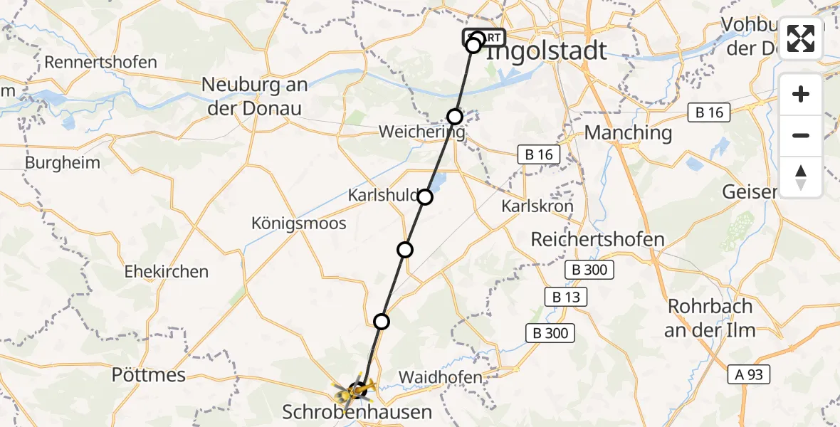 Flugroute Rettungshubschrauber Ingolstadt Hospital - Schrobenhausen District Hospital, 18 August 2026, 13:10