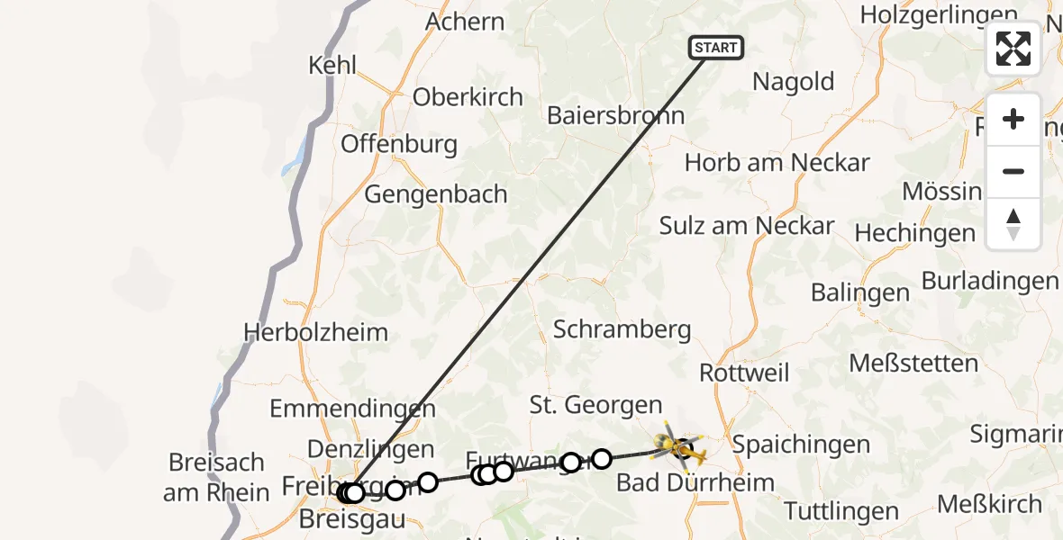 Flugroute Ambulanzhubschrauber Altensteig - DRF Air Rescue Station Villingen-Schwenningen Hubschrauberlandeplatz (Christoph 11), 18 August 2026, 13:12