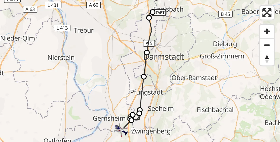 Flugroute Polizeihubschrauber Flughafen Frankfurt-Egelsbach - Gernsheim, 18 August 2026, 13:16