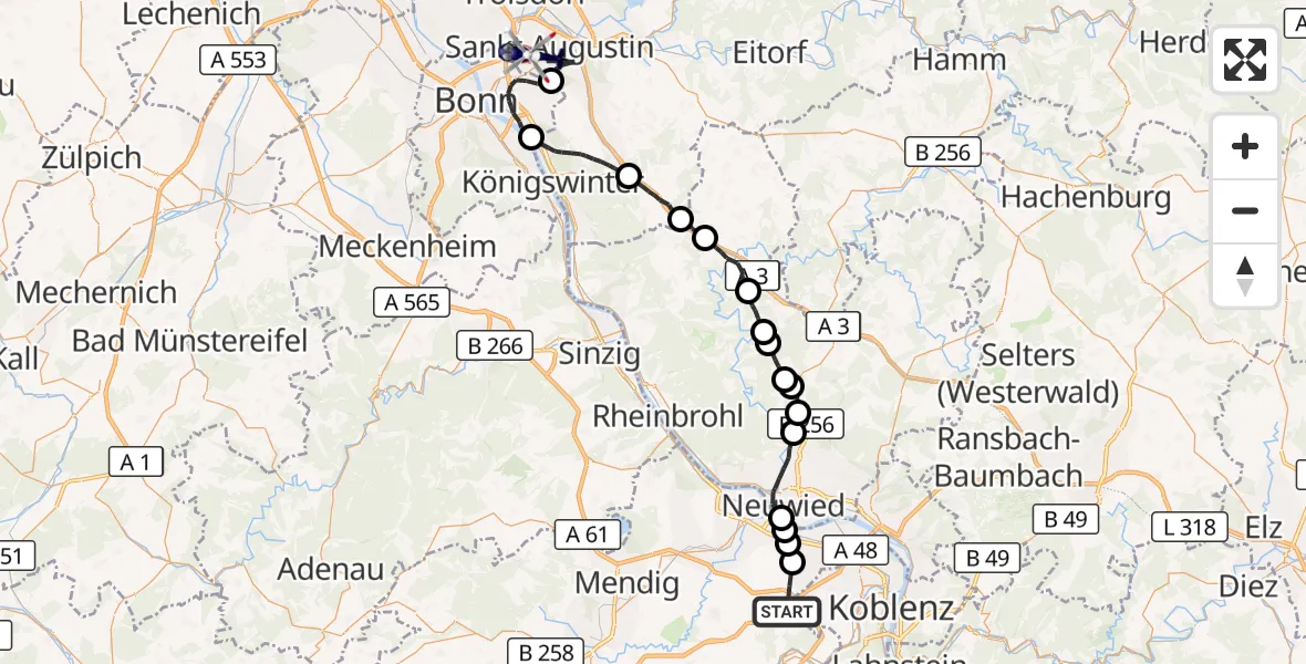 Flugroute Polizeihubschrauber Bassenheim - Sankt Augustin, 18 August 2026, 13:24