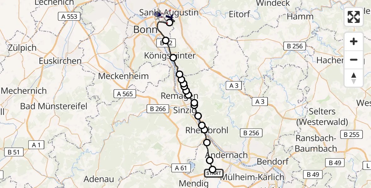 Flugroute Polizeihubschrauber Kretz - Sankt Augustin, 18 August 2026, 13:25