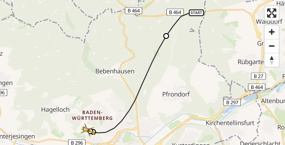 Flugroute Rettungshubschrauber Dettenhausen - Tübingen University Hospital, 18 August 2026, 13:25