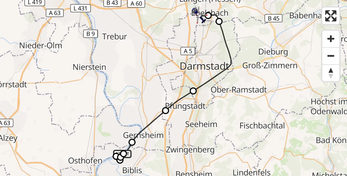 Flugroute Polizeihubschrauber Worms - Flughafen Frankfurt-Egelsbach, 18 August 2026, 13:27