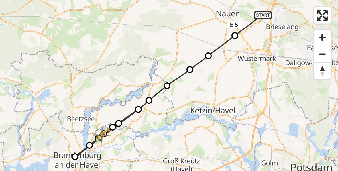 Flugroute Rettungshubschrauber Brieselang - Brandenburg an der Havel, 18 August 2026, 13:28