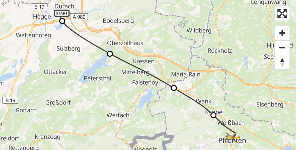 Flugroute Rettungshubschrauber Kempten-Durach Flugplatz - Pfronten, 18 August 2026, 13:28
