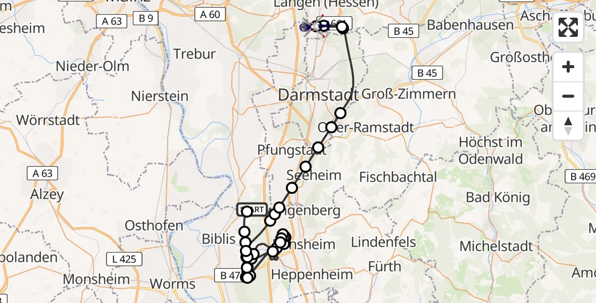 Flugroute Polizeihubschrauber Gernsheim - Flughafen Frankfurt-Egelsbach, 18 August 2026, 13:32