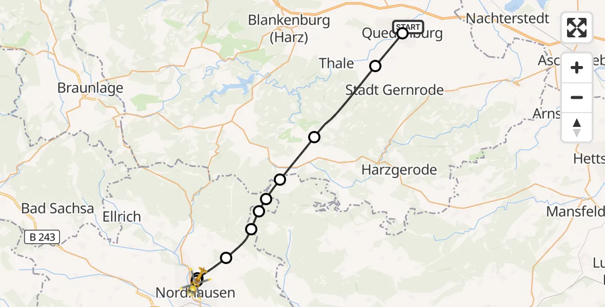 Flugroute Rettungshubschrauber Harz Hospital Quedlinburg - Südharz Hospital Nordhausen, 18 August 2026, 13:33