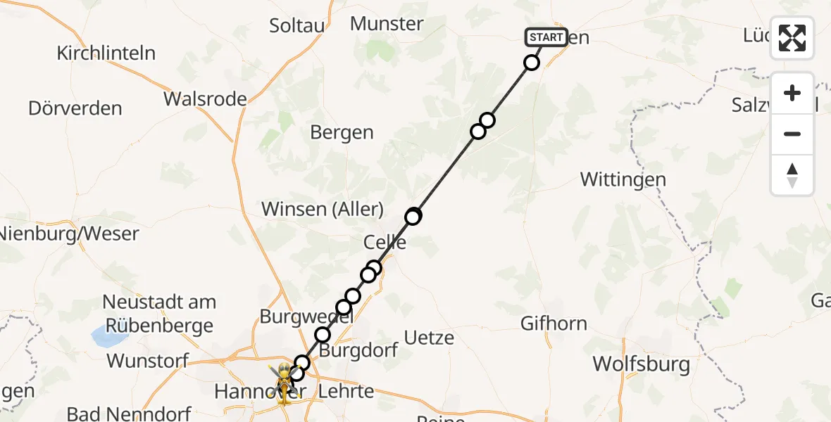 Flugroute Rettungshubschrauber Uelzen - Hannover Luftrettung Hubschrauberlandeplatz (Christoph 4), 18 August 2026, 13:43