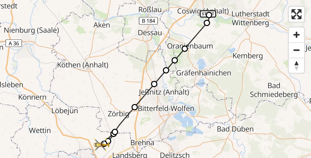 Flugroute Rettungshubschrauber MediClin Heart Center Coswig Hubschrauberlandeplatz - Halle-Oppin Flugplatz, 18 August 2026, 13:50