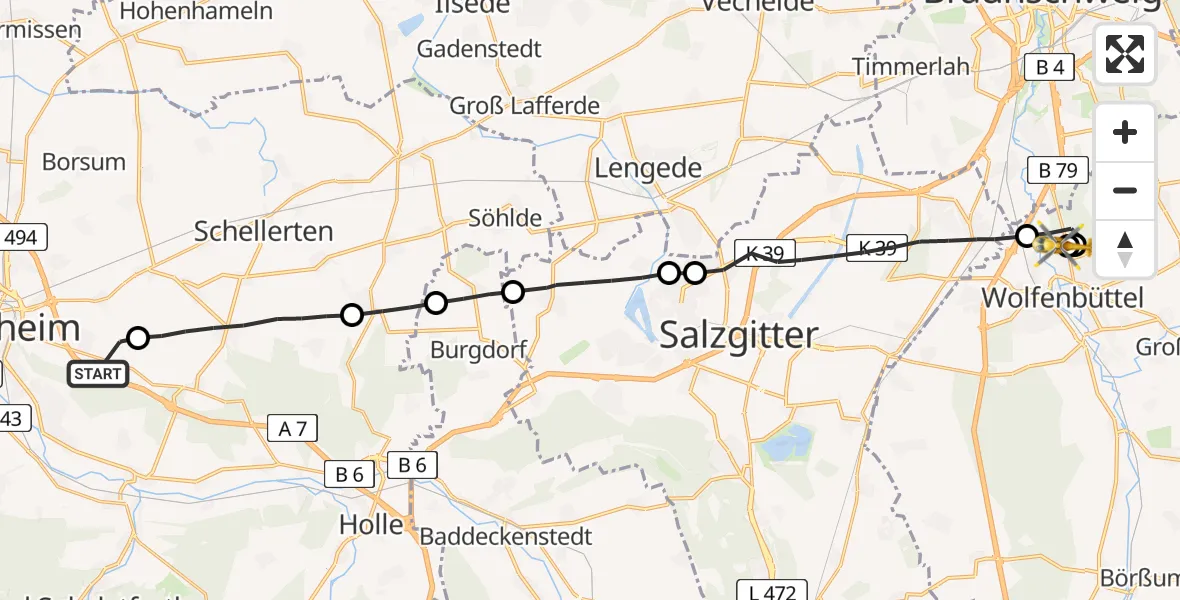 Flugroute Rettungshubschrauber Hildesheim - Wolfenbüttel Municipal Hospital Heliport (Christoph 30), 18 August 2026, 13:50