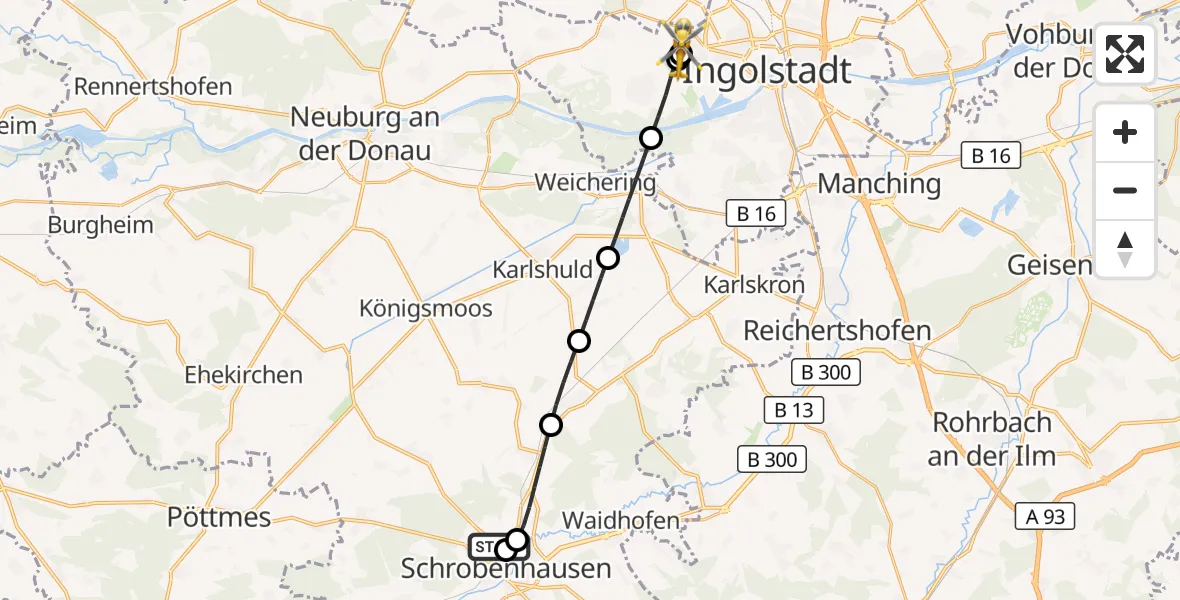 Flugroute Rettungshubschrauber Schrobenhausen District Hospital - Ingolstadt Hospital, 18 August 2026, 13:50