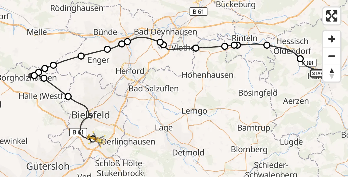 Flugroute Ambulanzhubschrauber Hameln - Bielefeld Flughafen, 18 August 2026, 13:51