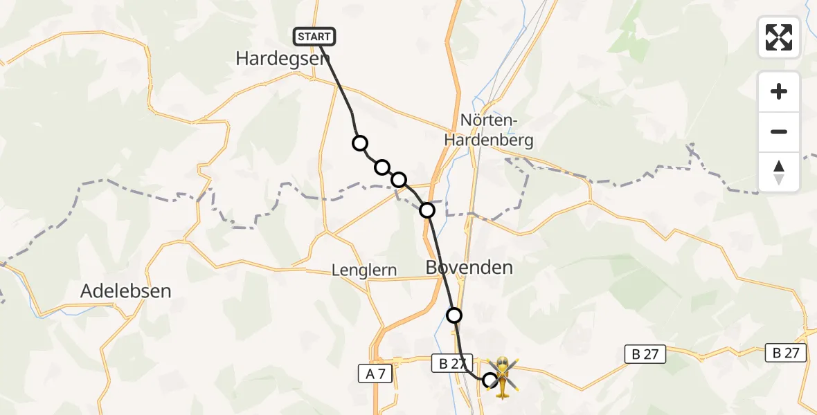 Flugroute Rettungshubschrauber Hardegsen - Göttingen University Clinic Hubschrauberlandeplatz, 18 August 2026, 13:55