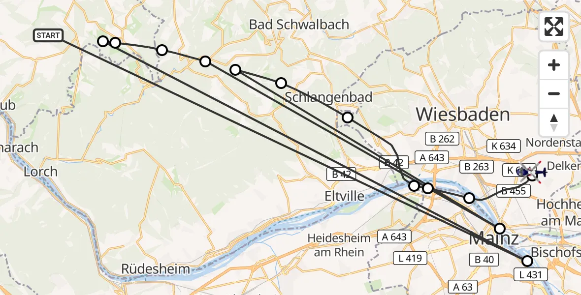 Flugroute Polizeihubschrauber Weisel - Wiesbaden Militärflugplatz, 18 August 2026, 13:58