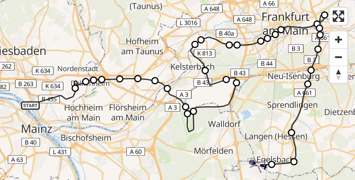 Flugroute Polizeihubschrauber Wiesbaden - Flughafen Frankfurt-Egelsbach, 18 August 2026, 14:09