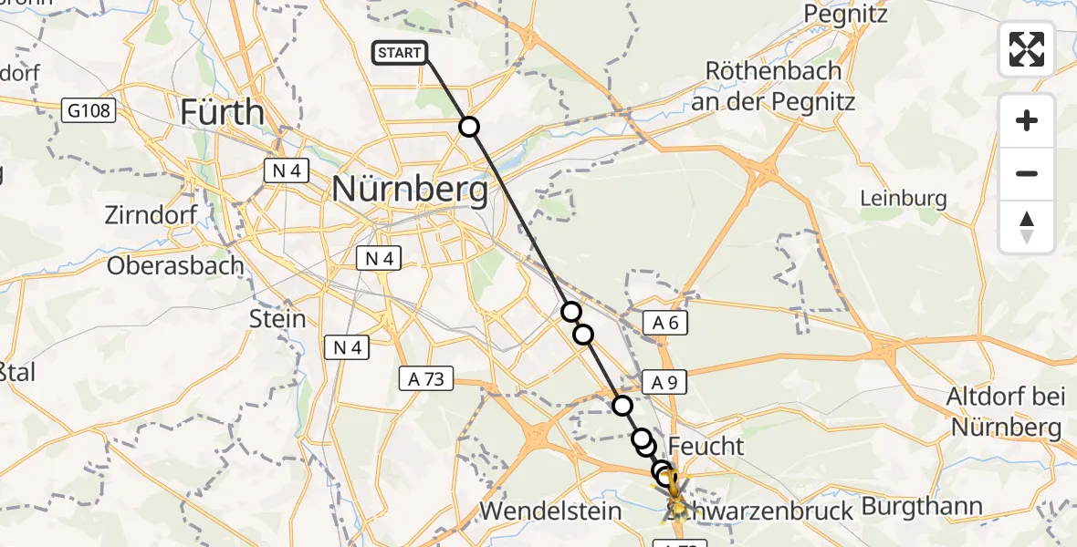 Flugroute Ambulanzhubschrauber Flughafen Nuremberg - Wendelstein, 18 August 2026, 14:11