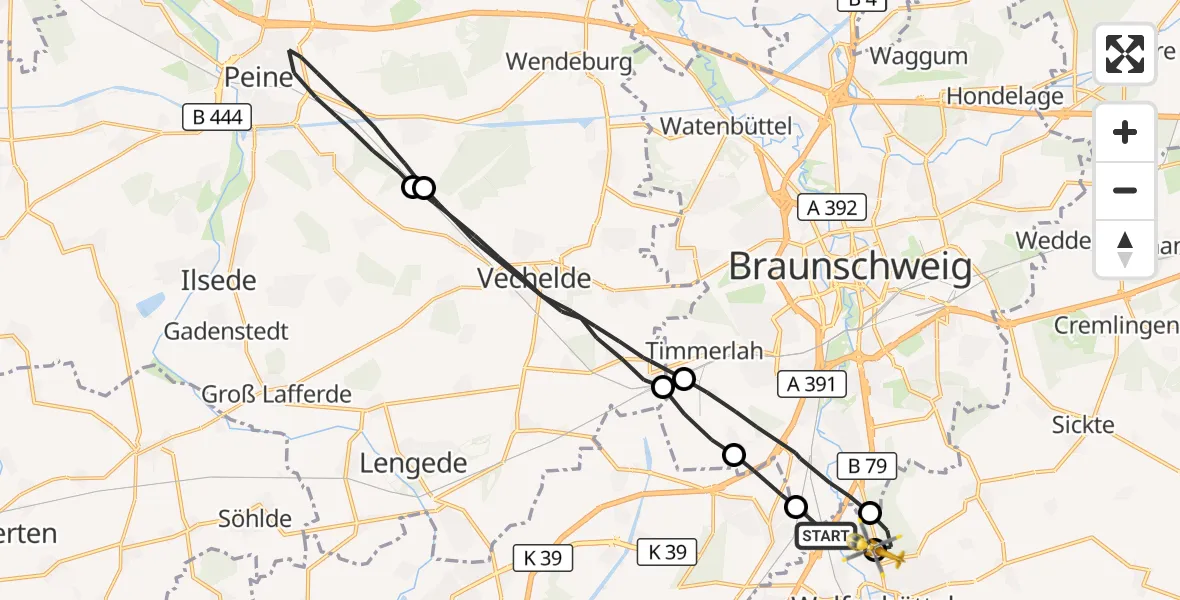 Flugroute Rettungshubschrauber Wolfenbüttel - Wolfenbüttel Municipal Hospital Heliport (Christoph 30), 18 August 2026, 14:22