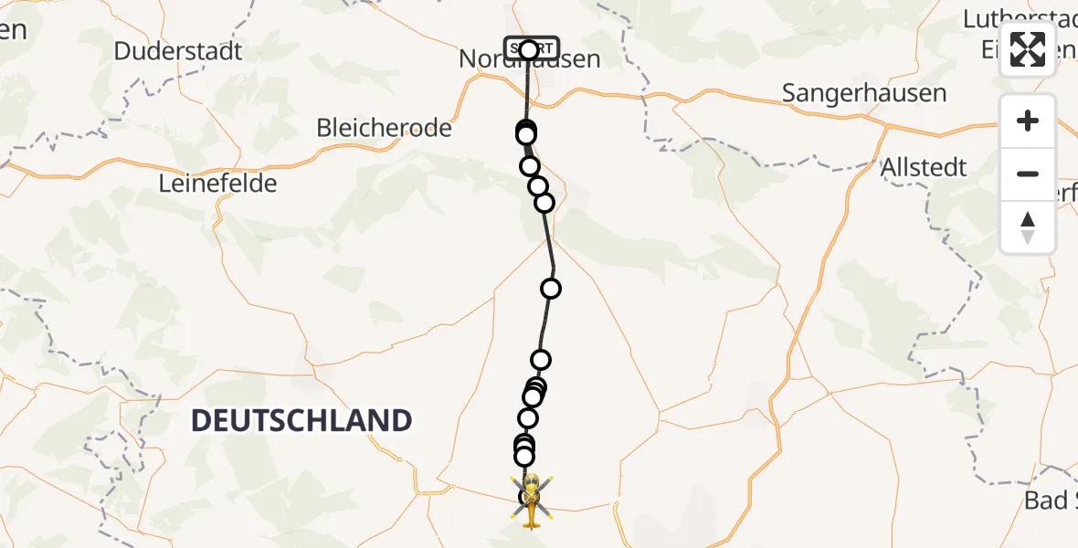 Flugroute Rettungshubschrauber Südharz Hospital Nordhausen - Döllstädt, 18 August 2026, 14:25