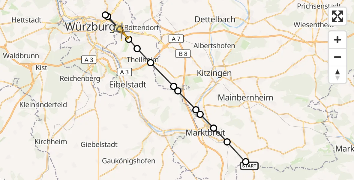 Flugroute Rettungshubschrauber Ippesheim - Gerbrunn, 18 August 2026, 14:29