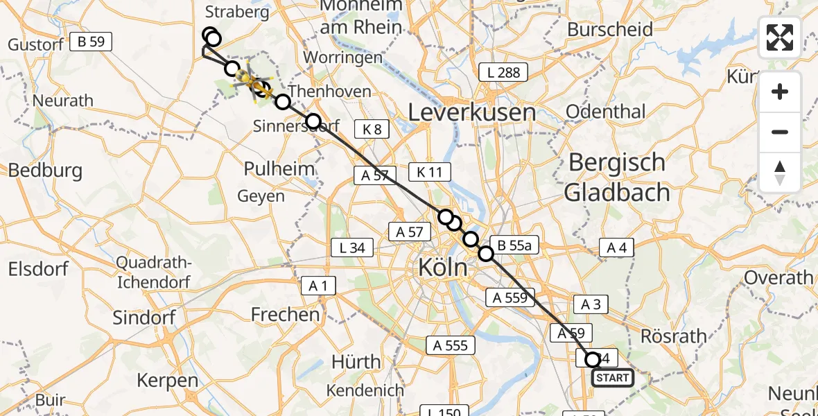 Flugroute Rettungshubschrauber Köln Bonn Flughafen - Pulheim, 18 August 2026, 14:29