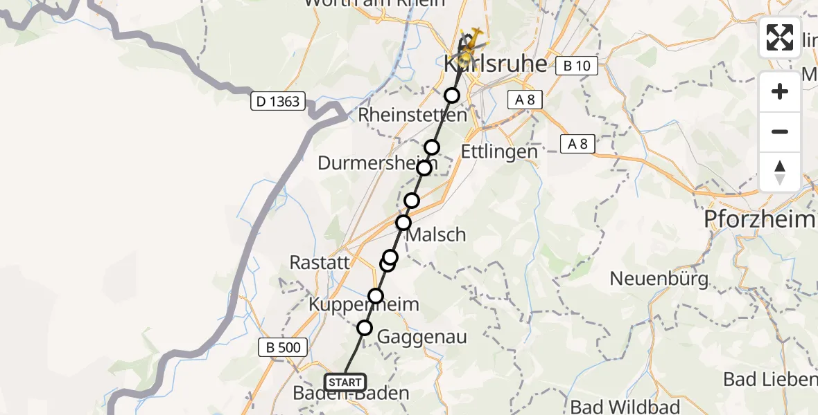 Flugroute Ambulanzhubschrauber Baden-Baden - Karlsruhe, 18 August 2026, 14:30