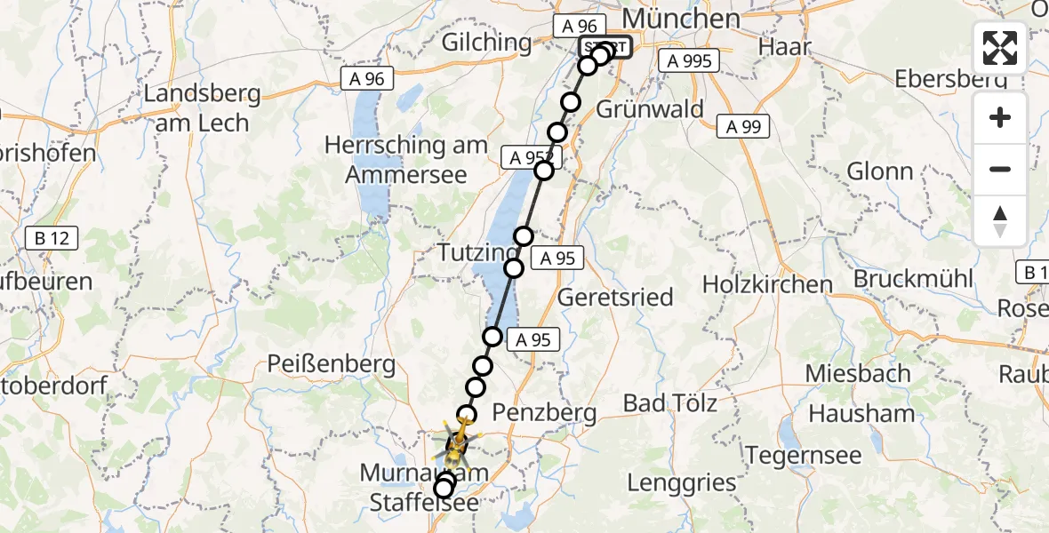Flugroute Rettungshubschrauber DRF Air Rescue München Hubschrauberlandeplatz - Obersöchering, 18 August 2026, 14:34