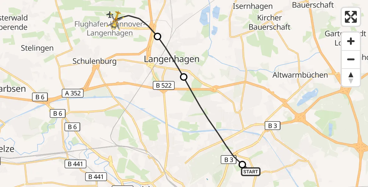 Flugroute Rettungshubschrauber Hannover Luftrettung Hubschrauberlandeplatz (Christoph 4) - Flughafen Hannover, 18 August 2026, 14:36