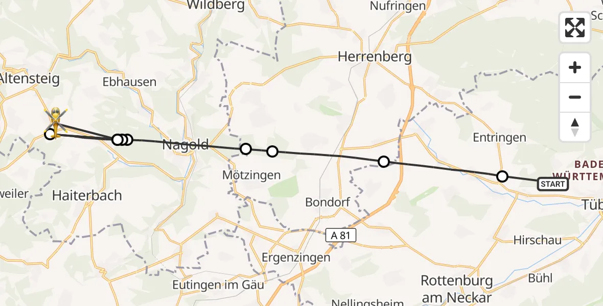 Flugroute Rettungshubschrauber Tübingen - Egenhausen, 18 August 2026, 14:43