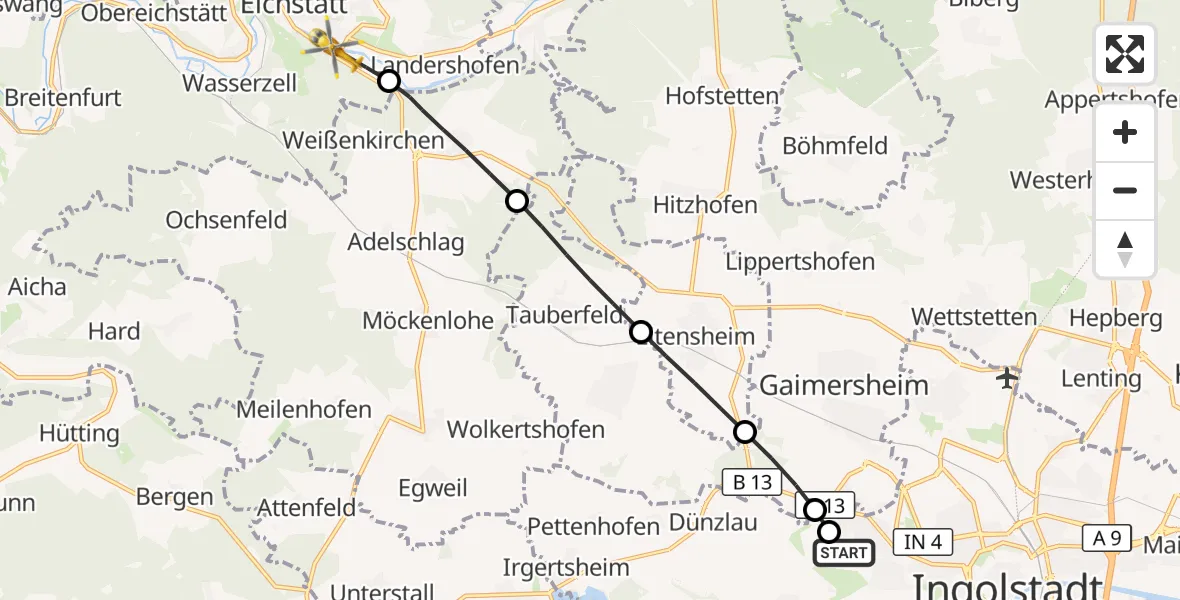 Flugroute Rettungshubschrauber Ingolstadt Hospital - Eichstätt, 18 August 2026, 14:51