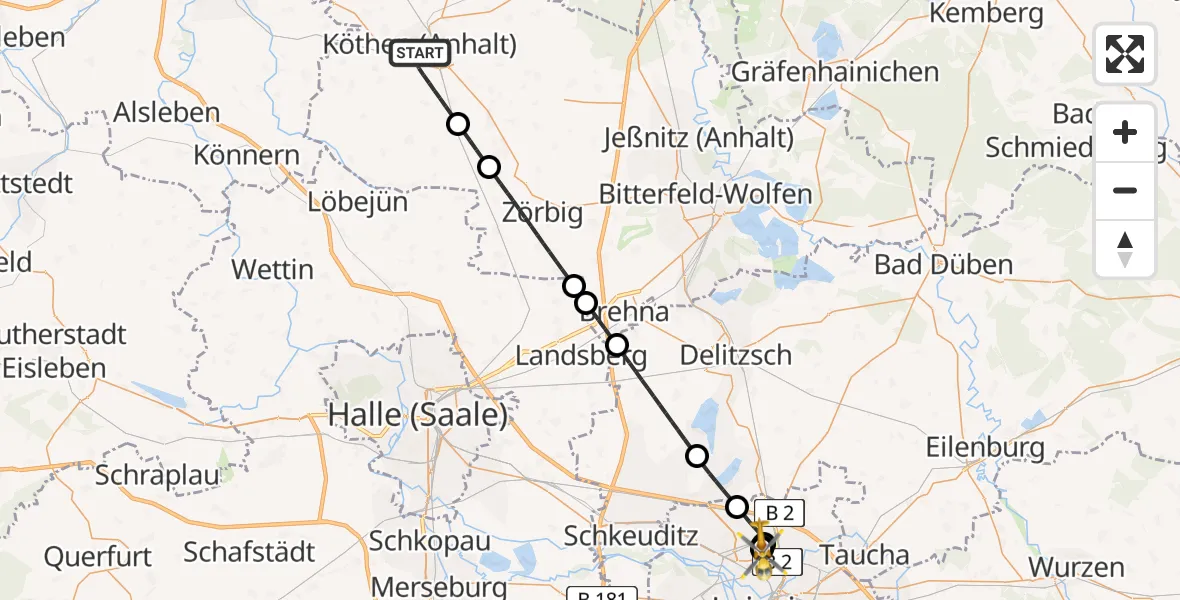 Flugroute Rettungshubschrauber Köthen (Anhalt) - Sankt Georg Hospital Leipzig Reserve, 18 August 2026, 14:55