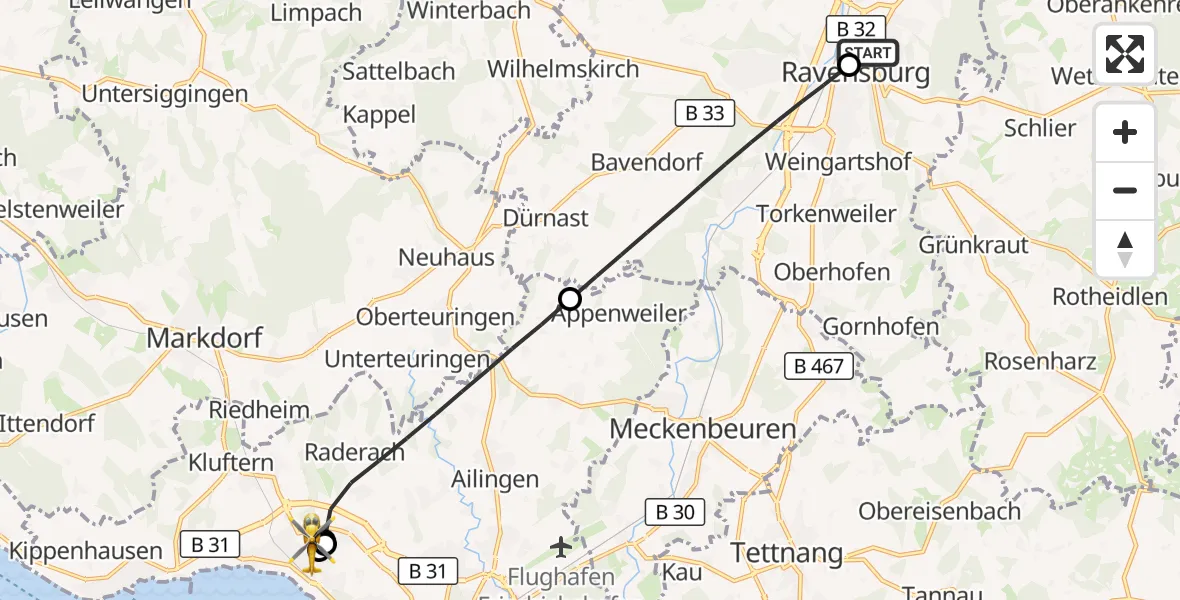 Flugroute Rettungshubschrauber Sankt Elisabeth Hospital - Friedrichshafen Hospital, 18 August 2026, 14:56