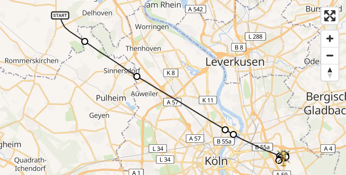 Flugroute Rettungshubschrauber Rommerskirchen - Köln, 18 August 2026, 15:08