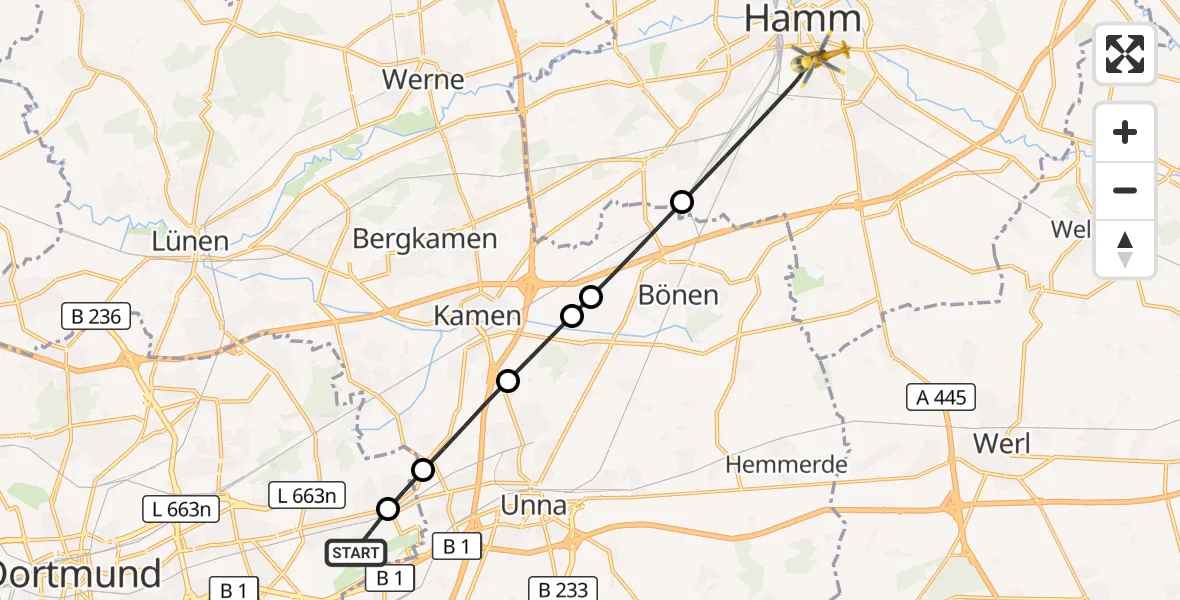 Flugroute Rettungshubschrauber Dortmund Flughafen - Hamm, 18 August 2026, 15:11