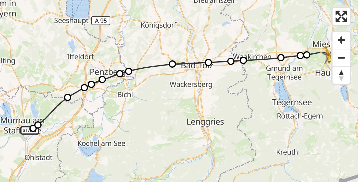 Flugroute Rettungshubschrauber Murnau Accident Hospital - Hausham, 18 August 2026, 15:14
