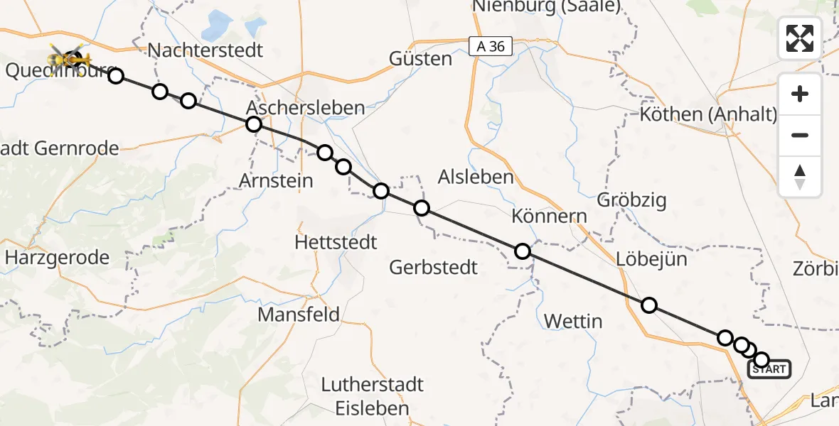 Flugroute Rettungshubschrauber Halle-Oppin Flugplatz - Harz Hospital Quedlinburg, 18 August 2026, 15:24