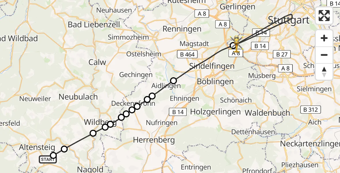 Flugroute Rettungshubschrauber Egenhausen - Stuttgart, 18 August 2026, 15:24