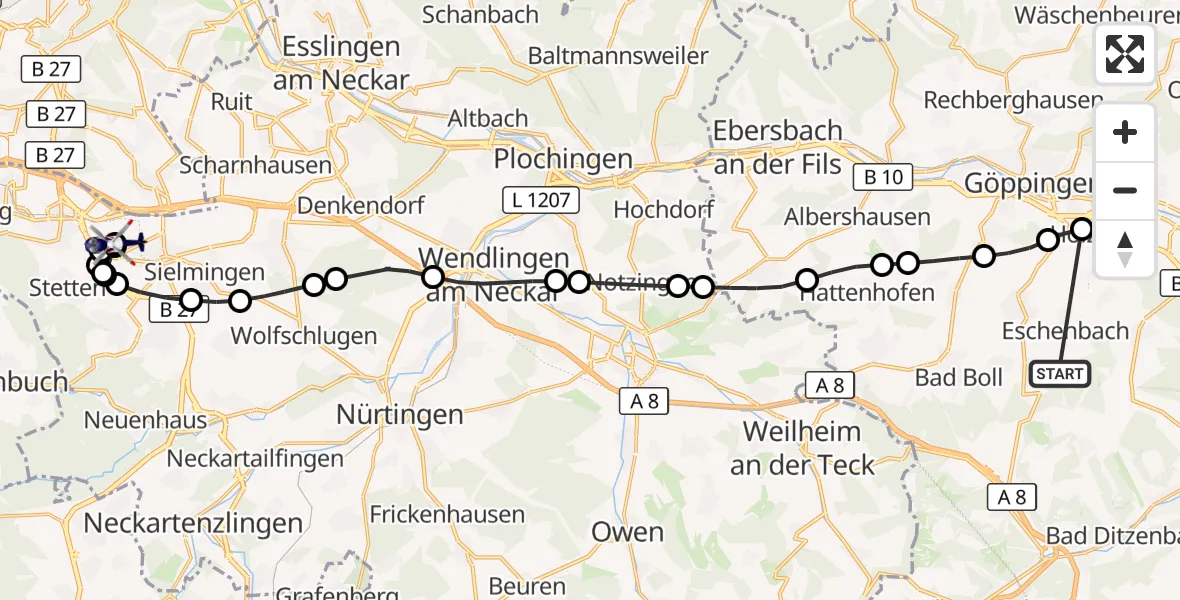 Flugroute Polizeihubschrauber Heiningen - Flughafen Stuttgart, 18 August 2026, 15:27