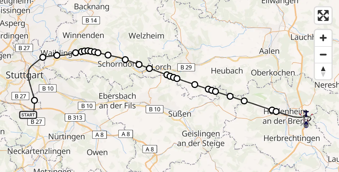 Flugroute Polizeihubschrauber Flughafen Stuttgart - Heidenheim an der Brenz, 18 August 2026, 15:30