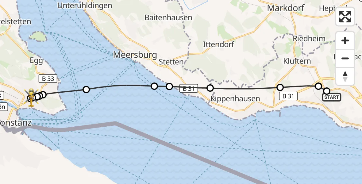 Flugroute Rettungshubschrauber Friedrichshafen Hospital - Konstanz Hospital, 18 August 2026, 15:30