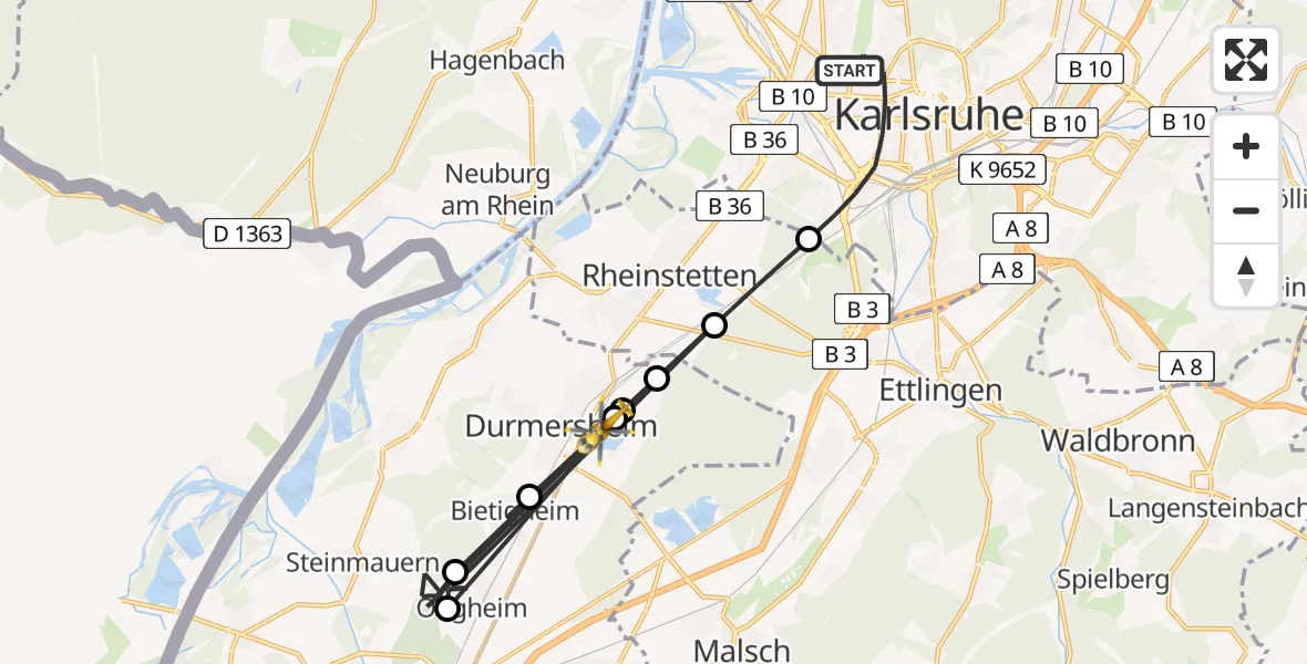 Flugroute Ambulanzhubschrauber Karlsruhe - Durmersheim, 18 August 2026, 15:31