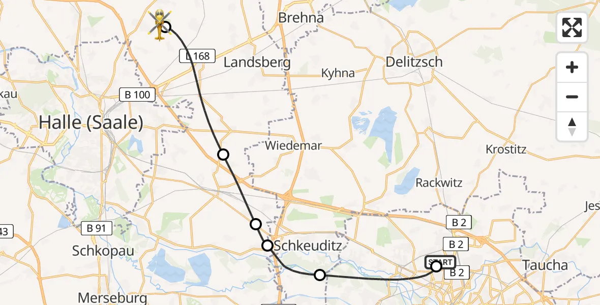 Flugroute Rettungshubschrauber Sankt Georg Hospital Leipzig Reserve - Halle-Oppin Flugplatz, 18 August 2026, 15:38