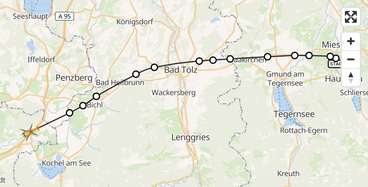 Flugroute Rettungshubschrauber Agatharied Hospital - Großweil, 18 August 2026, 15:54
