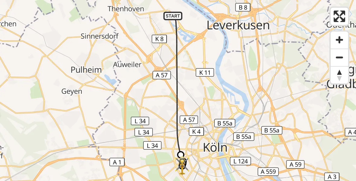 Flugroute Ambulanzhubschrauber Köln - Köln University Hospital, 18 August 2026, 16:00