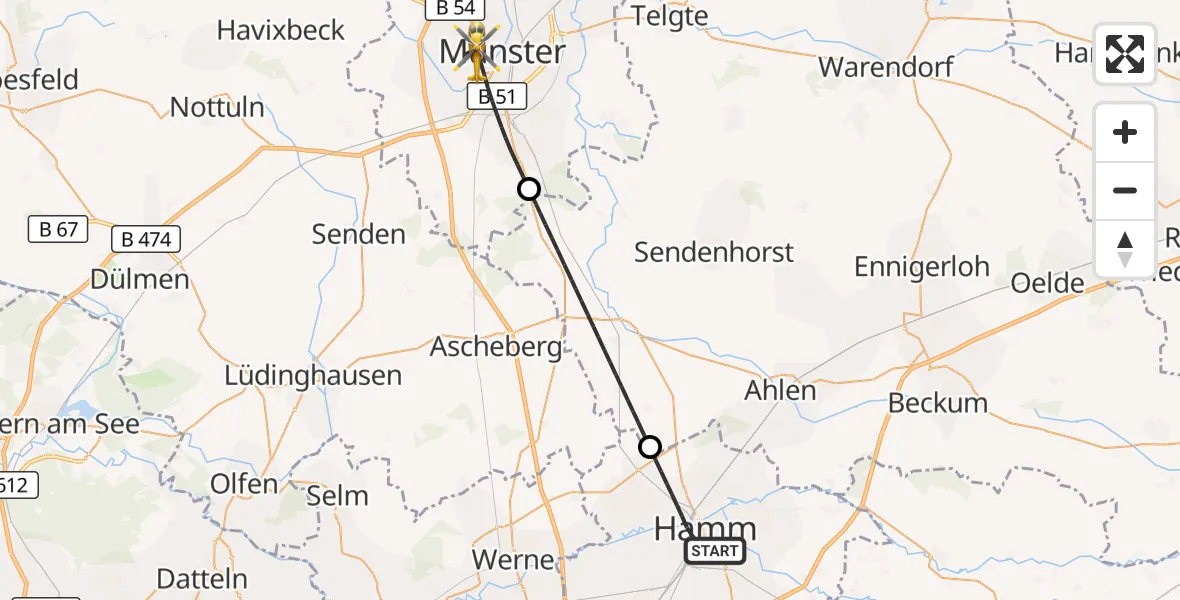 Flugroute Rettungshubschrauber Hamm - Münster, 18 August 2026, 16:06
