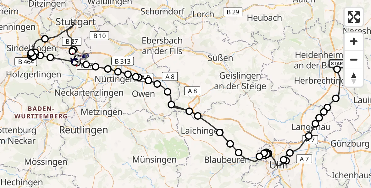 Flugroute Polizeihubschrauber Heidenheim an der Brenz - Flughafen Stuttgart, 18 August 2026, 16:07