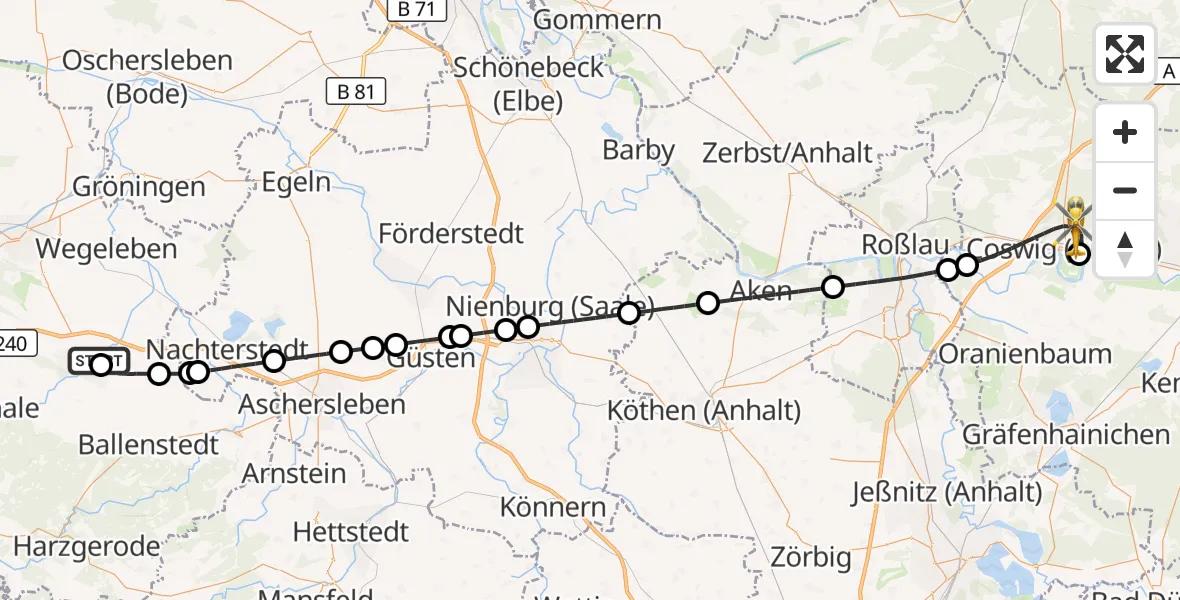 Flugroute Rettungshubschrauber Harz Hospital Quedlinburg - Coswig (Anhalt), 18 August 2026, 16:11